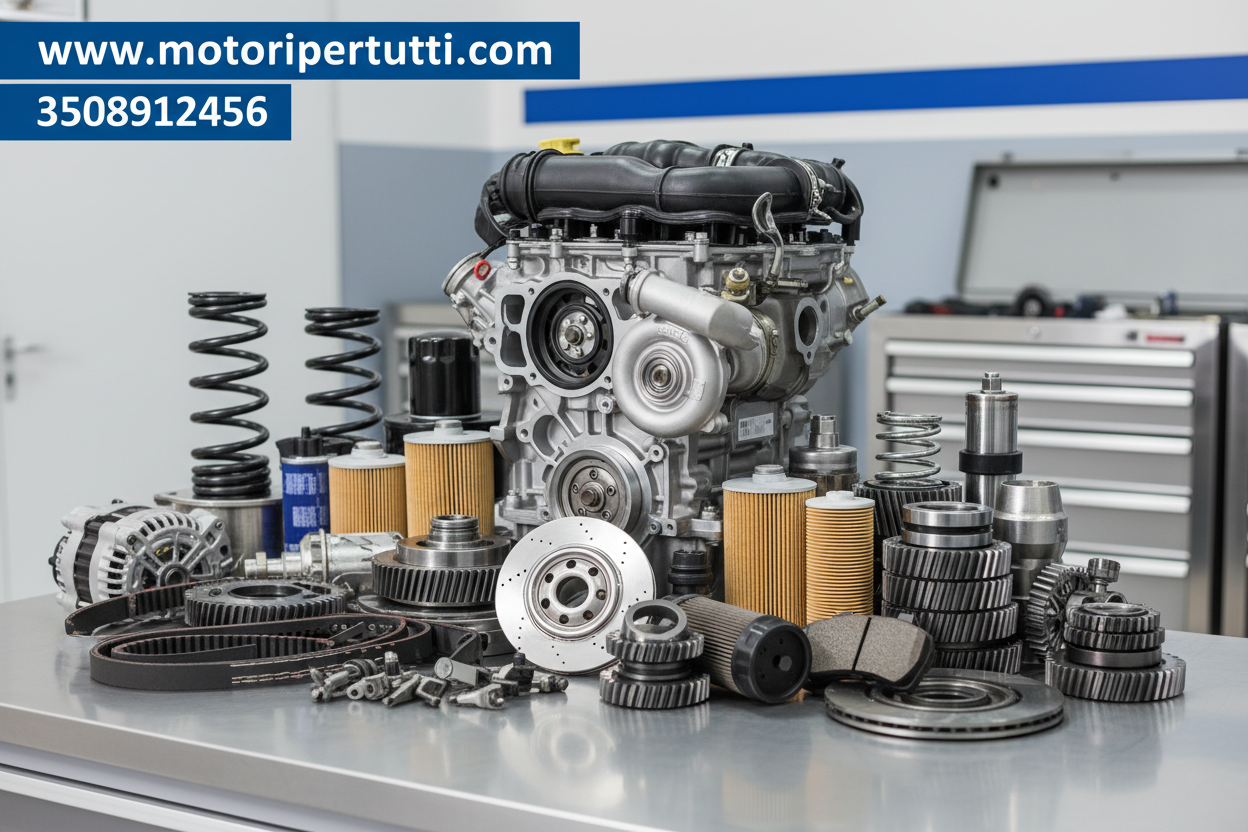 Crea un immagine chiara che raffiguri ricambi per auto e con il nome www.motoripertutti.com e 3508912456